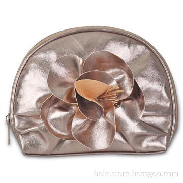 PVC Cosmetic Bag with Flower and Pleat at Front for Decoration, Measures 17 x 3 x 13cm